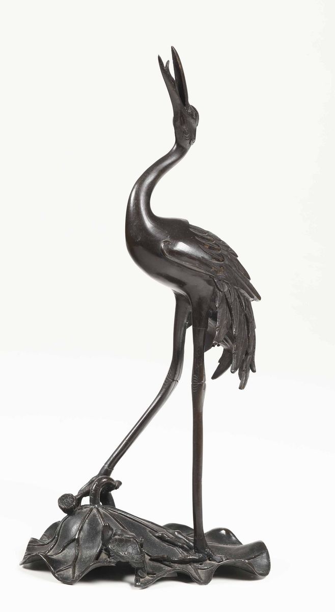 Scultura in Bronzo Raffigurante Airone Stante su Foglia e Tartaruga, Giappone, Periodo Meiji (186...