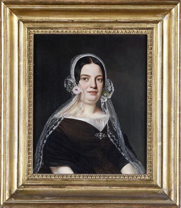 Pittore del XIX secolo Ritratto femminile con cuffia