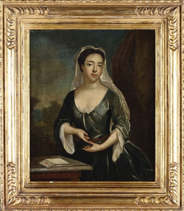 Scuola inglese del XVIII secolo Ritratto di dama con lettera