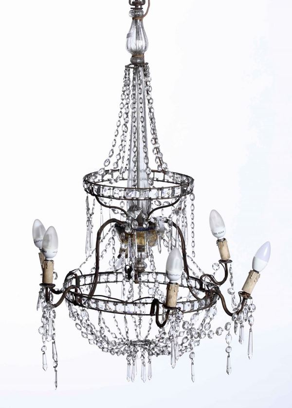Lampadario a fontana in metallo e cristalli a sei luci, XIX secolo