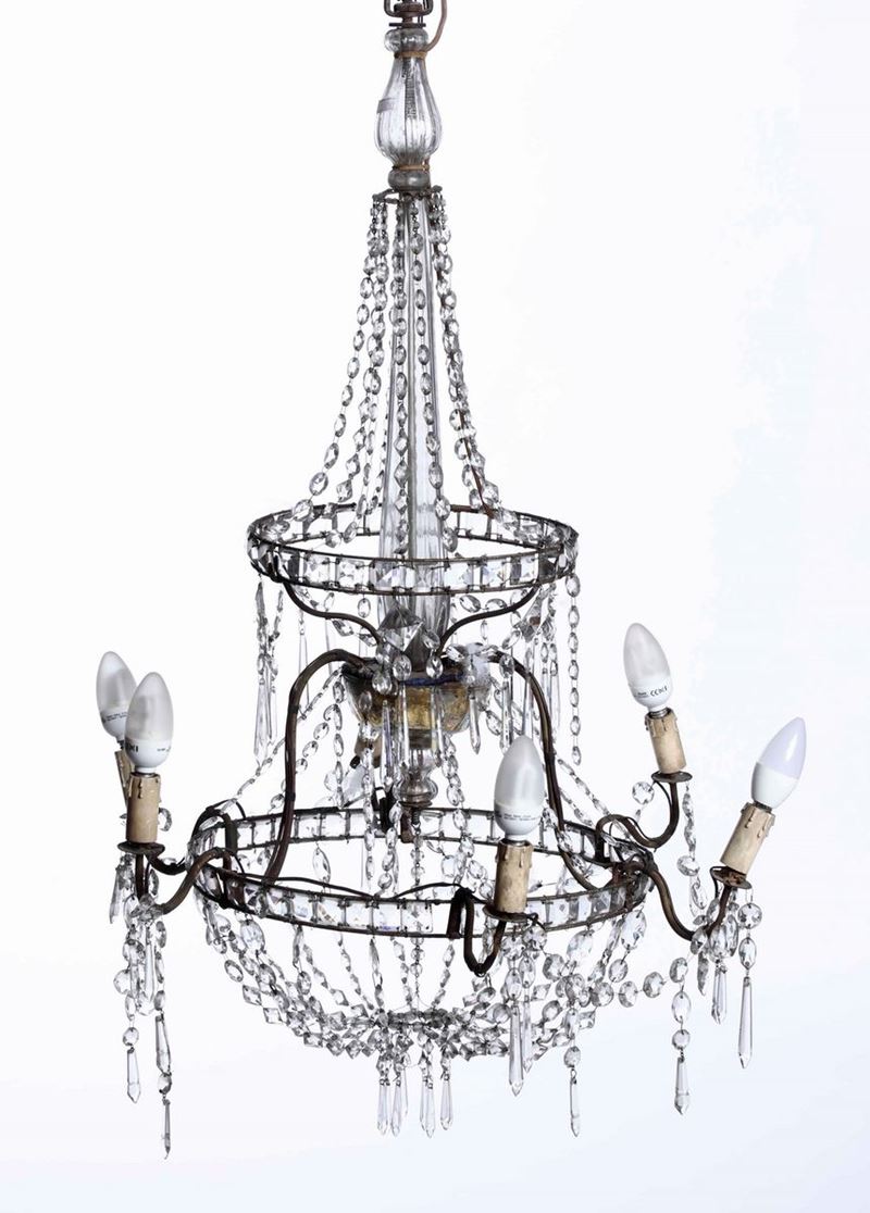 Lampadario a fontana in metallo e cristalli a sei luci, XIX secolo  - Asta Antiquariato Settembre | Asta a Tempo - Cambi Casa d'Aste