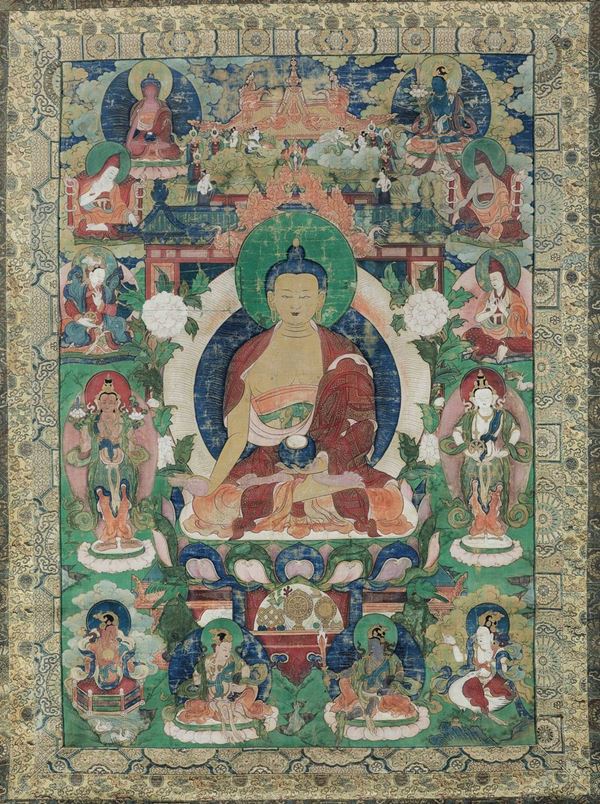 Thangka su seta con Buddha centrale e altre divinità, Tibet, XIX secolo