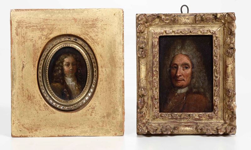 Due ritratti di gentiluomo. Miniature ad olio su rame. Scuola del XVIII secolo  - Auction Timed Auction | Sculpture - Cambi Casa d'Aste