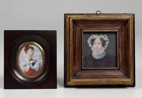 Due miniature su avorio con ritratti di gentildonne. Scuola del XIX secolo