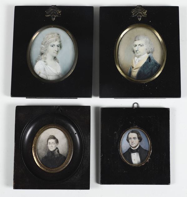 Quattro miniature di gentiluomini e gentildonna. Miniaturista del XIX secolo