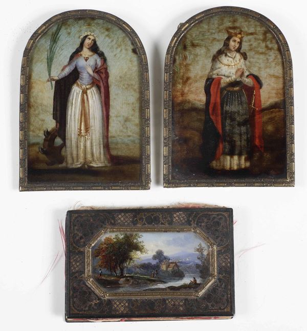 Gruppo comprendente una coppia di miniature raffiguranti Sante e una raffigurante paesaggio fluviale. Varie manifatture del XVIII-XIX secolo