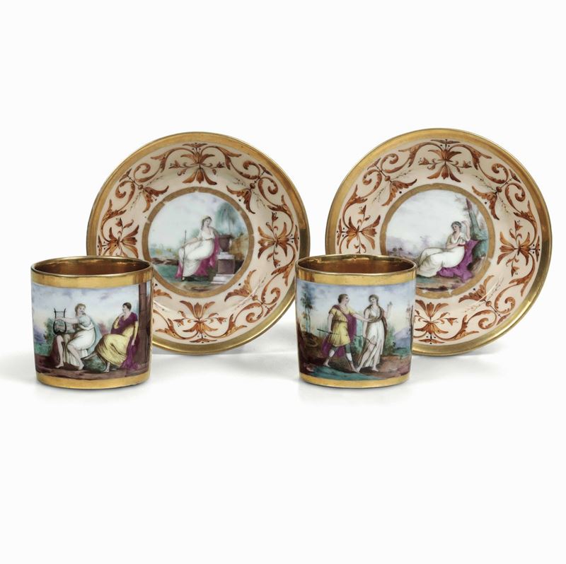 Coppia di tazze con piattino Francia, probabilmente Parigi, verso il 1800  - Asta Maioliche e Porcellane - Cambi Casa d'Aste