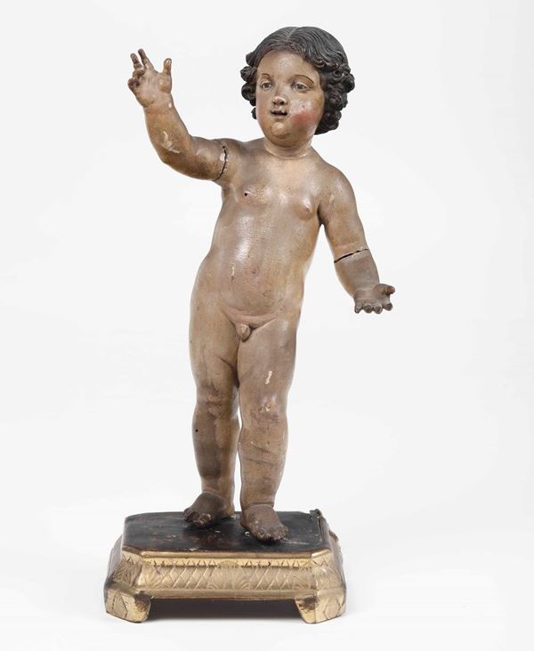 Gesù Bambino Benedicente. Legno policromo e vetro. Napoli XVIII-XIX secolo