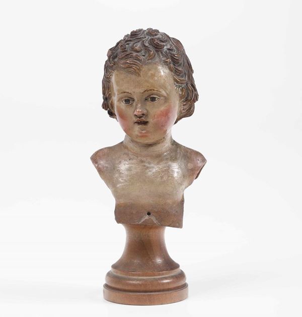 Busto di Bambino. Terracotta policroma e vetro. Plasticatore italiano del XIX secolo