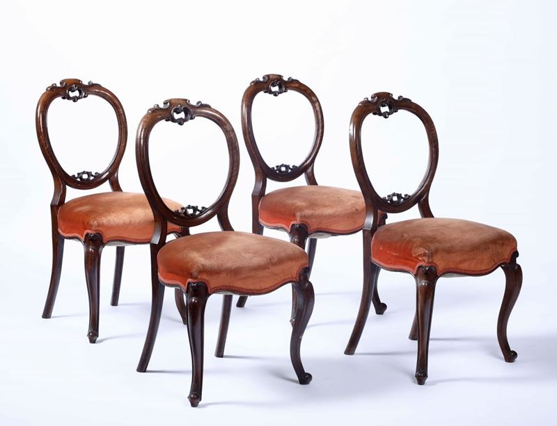 Quattro sedie in legno intagliato, XIX secolo  - Auction Timed Auction | Fine Art October - Cambi Casa d'Aste