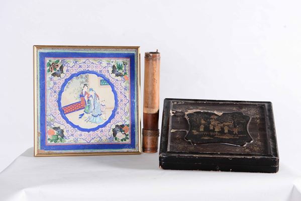 Lotto composto da stampa, scatola in legno laccato e porta documenti, Cina, XIX-XX secolo