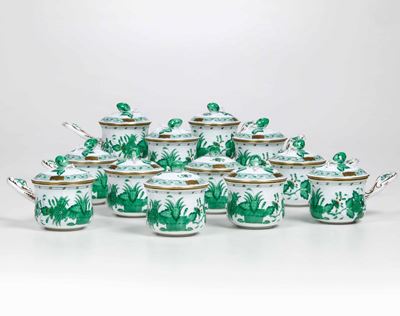 12 Tazze da Brodo Indian Basket Green Ungheria, Manifattura Herend, Verso Fine XX Secolo