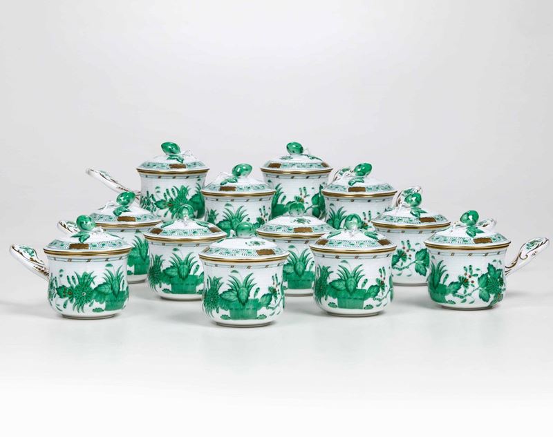 12 tazze da brodo Indian Basket Green Ungheria, Manifattura Herend, verso fine XX secolo  - Asta L'Art de la Table - Cambi Casa d'Aste