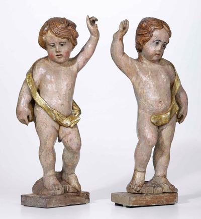 Coppia di Putti. Legno Policromo e Dorato. Scultore Barocco del XVIII Secolo
