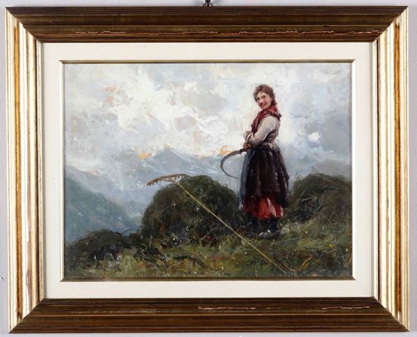 Ercole Garavaglia (XIX-XX secolo) Paesaggio con giovane contadina
