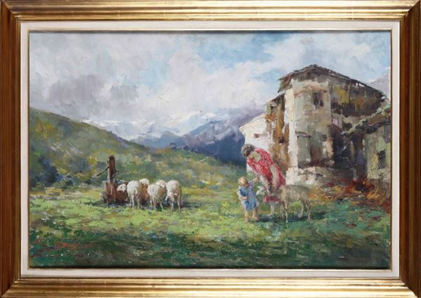Giuseppe Solenghi (1879-1944) Pecore all’abbeveratoio