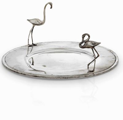 Centrotavola in Argento con Coppia di Fenicotteri. Argenteria Artistica Italiana, Bolli con Fasci...