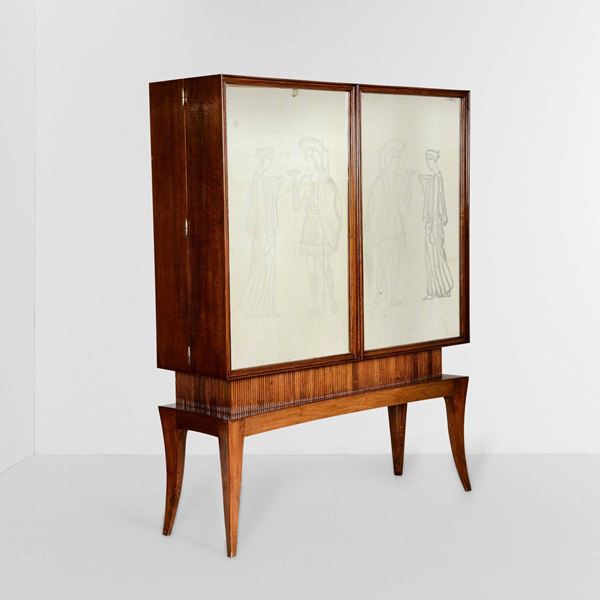 Mobile contenitore bar con struttura e sostegni in legno, ante in vetro specchiato serigrafato.