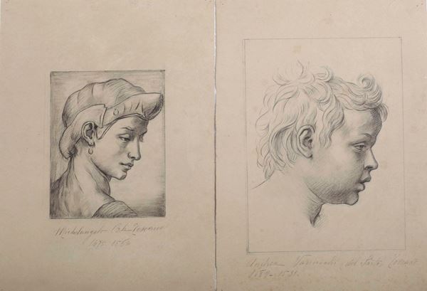 Due studi su a matita carta: testa di bambino e testa di giovane, XIX secolo