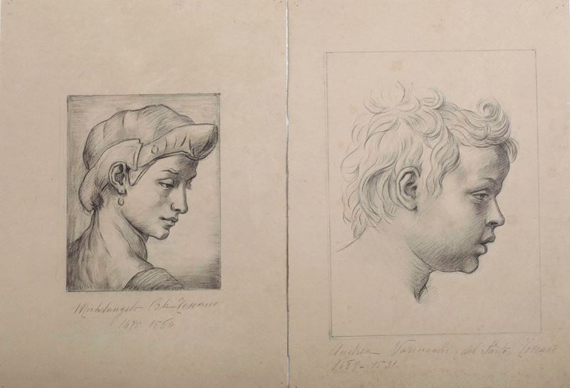 Due studi su a matita carta: testa di bambino e testa di giovane, XIX secolo  - Auction 19th Century Paintings - Cambi Casa d'Aste