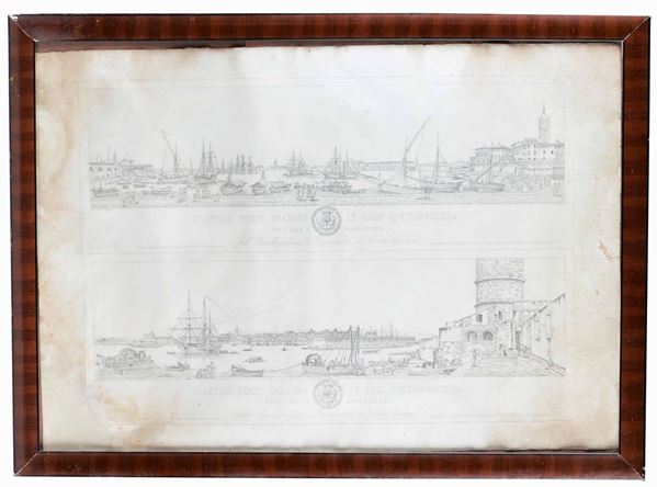 Civitavecchia - Immagine litografica del porto Grande incisione raffigurante il porto di Civitavecchia