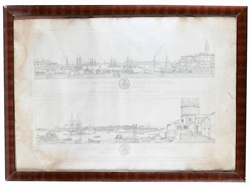 Civitavecchia - Immagine litografica del porto Grande incisione raffigurante il porto di Civitavecchia  - Asta Antiquariato | Cambi Time - Cambi Casa d'Aste