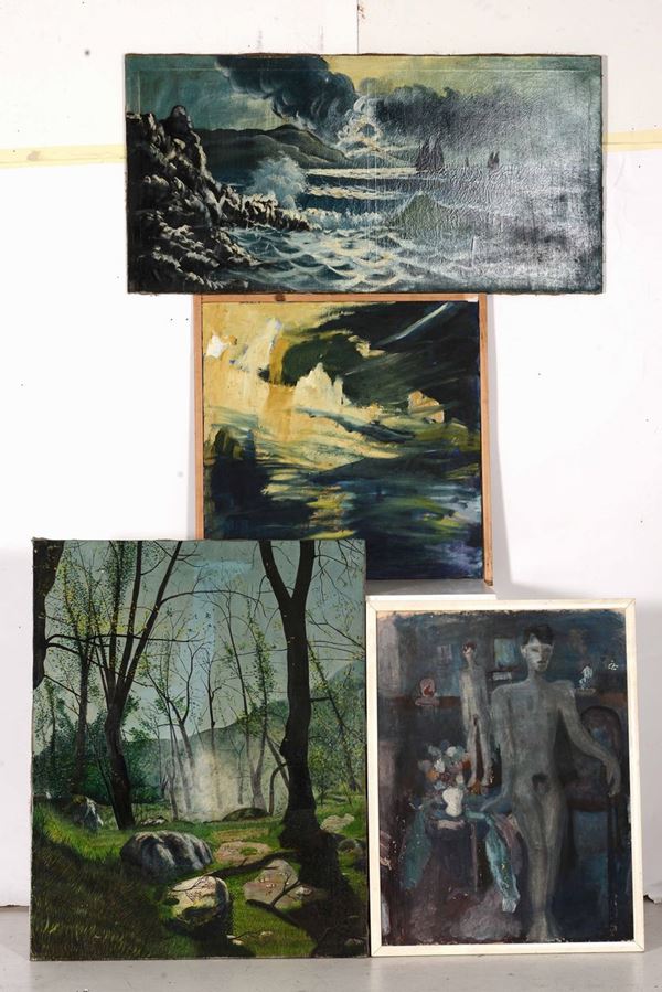 Tre dipinti su tela a raffiguranti paesaggio e uno raffigurante nudo maschile