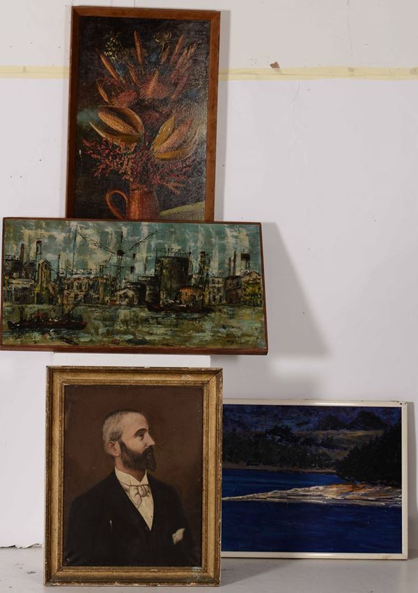Quattro dipinti a soggetto vario tra cui due firmati “Riva” e “Bertelli”