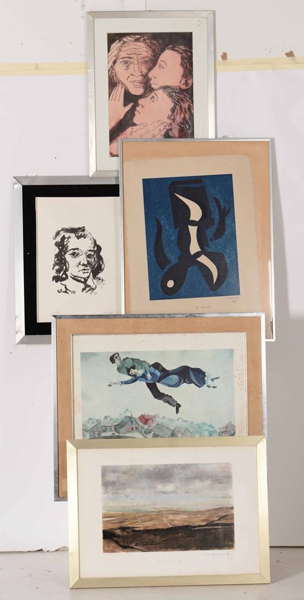 Lotto di cinque litografie moderne alcune firmate “Borrella”, ”DeMela” e “Annigoni”