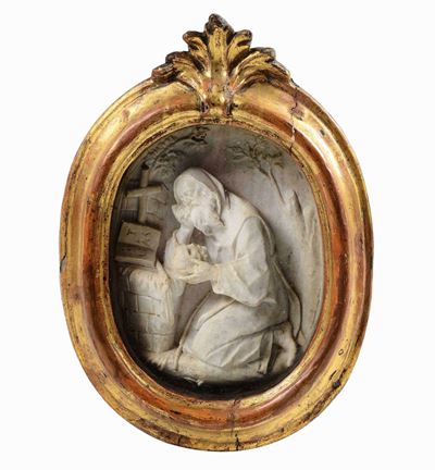 Meditazione di Sant’antonio Abate. Rilievo in Marmo Entro Teca in Legno Intagliato e Dorato. Arte...