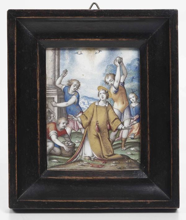 Miniatura a tempera raffigurante il Martirio di Santo Stefano, in cornice ebanizzata