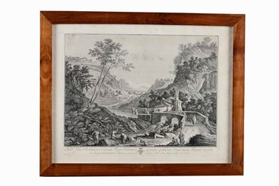 Incisione da Marco Ricci, Paesaggio con Ponte e Viandanti