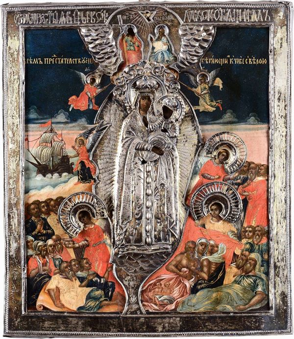 Icona russa con riza in argento, raffigurante Madonna col Bambino, Santi e fedeli. Russia XIX-XX secolo
