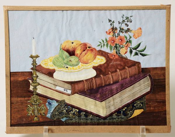 Miniatura moderna raffigurante Natura morta con libri, frutta, fiori e un candelabro