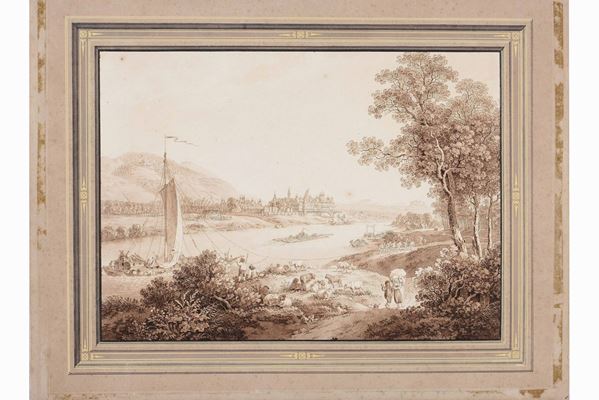 Incisione acquarellata a grisaille raffigurante Paesaggio fluviale con figure e città sullo sfondo