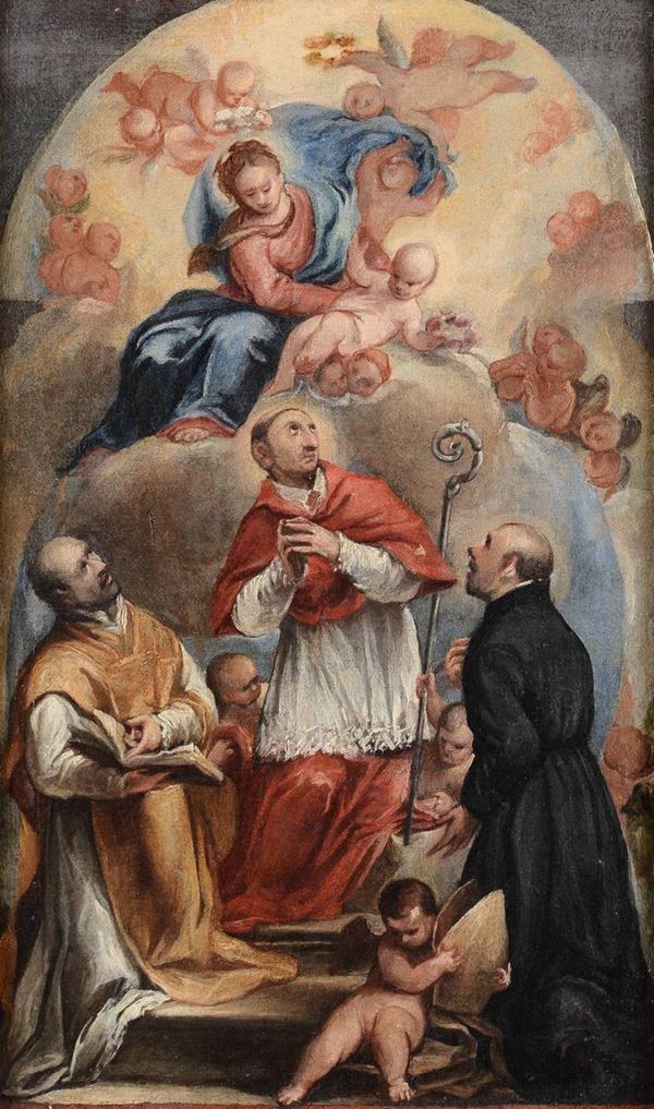 Scuola lombarda del XVIII secolo Madonna Assunta con i Santi Carlo Borromeo, Filippo Neri e Francesco di Sales