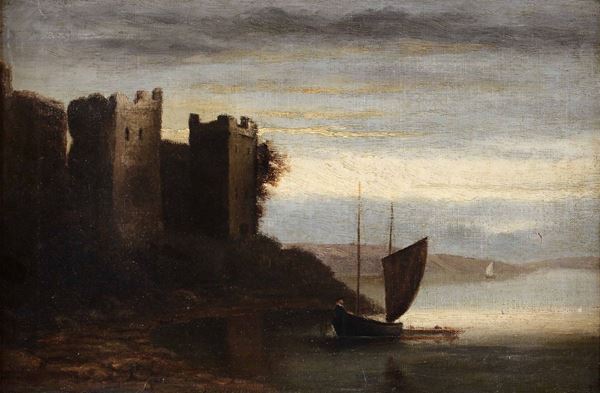 Scuola italiana del XVIII secolo Paesaggio costiero con castello e imbarcazione