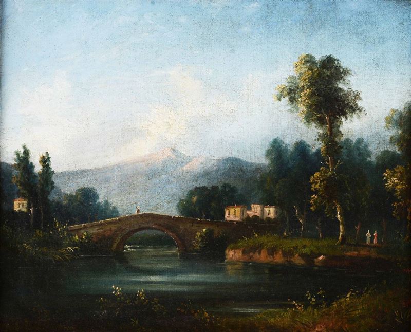 Scuola italiana di fine XVIII secolo Paesaggio con ponte  - Asta Dipinti Antichi e del XIX secolo | Asta a Tempo - Cambi Casa d'Aste