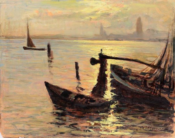 Domenico De Bernardi (1892 - 1963) Veduta con barca al tramonto, 1921