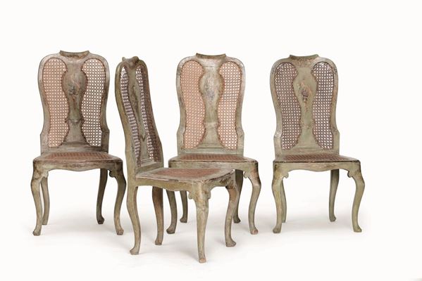 Quattro sedie in legno laccato, Italia XVIII-XIX secolo
