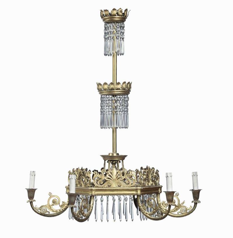 Lampadario in bronzo dorato e cristalli, XIX secolo  - Auction Italian Dwellings - Cambi Casa d'Aste