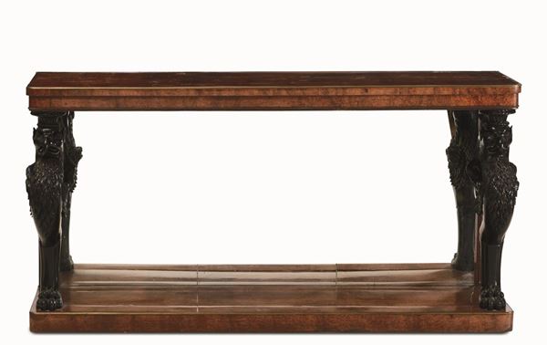 Console lastronata con montanti in legno intagliato ed ebanizzato, XIX secolo