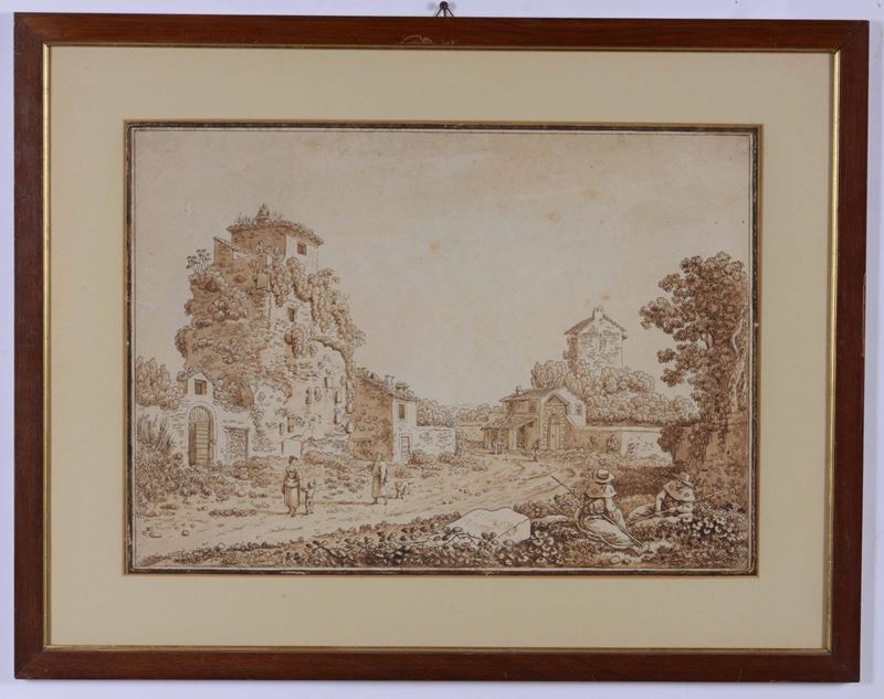 Carlo Labruzzi : Lungo l'Appia Antica  (1790 ca.)  - penna e acquerello su carta - Auction Old Masters - I - Cambi Casa d'Aste