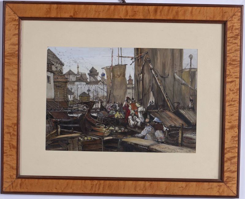 Alexander Lozhkin : Alexander Lozhkin (Mosca 1881-1942) Scena di città medievale, 1917  - Auction 19th-20th century paintings - Cambi Casa d'Aste