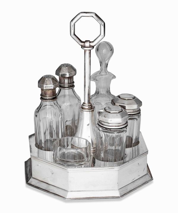 Set da tavola in argento e vetro molato. Argenteria italiana del XX secolo. Argentiere Cesa Alessandria