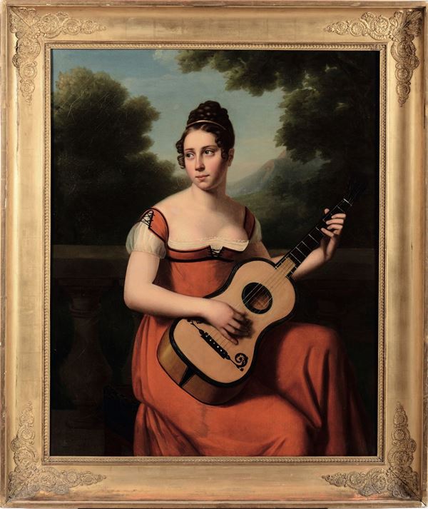 L.P. Julie Volpeliere (circa 1785 - 1842) Ritratto di gentildonna che suona una chitarra