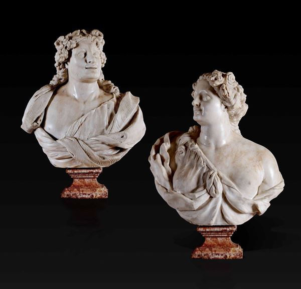 Bacco e Arianna.  Coppia di busti in marmo bianco, basi in marmo colorato.  Scultore barocco, probabile  [..]