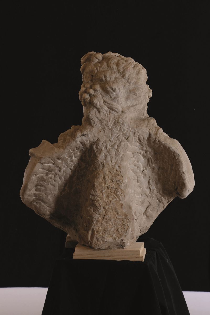 Bacco e Arianna. Coppia di Busti in Marmo Bianco, Basi in Marmo Colorato. Scultore Barocco, Proba...
