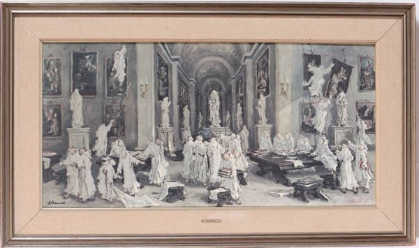 Litografia di Pietro Bonetti Interno con monaci