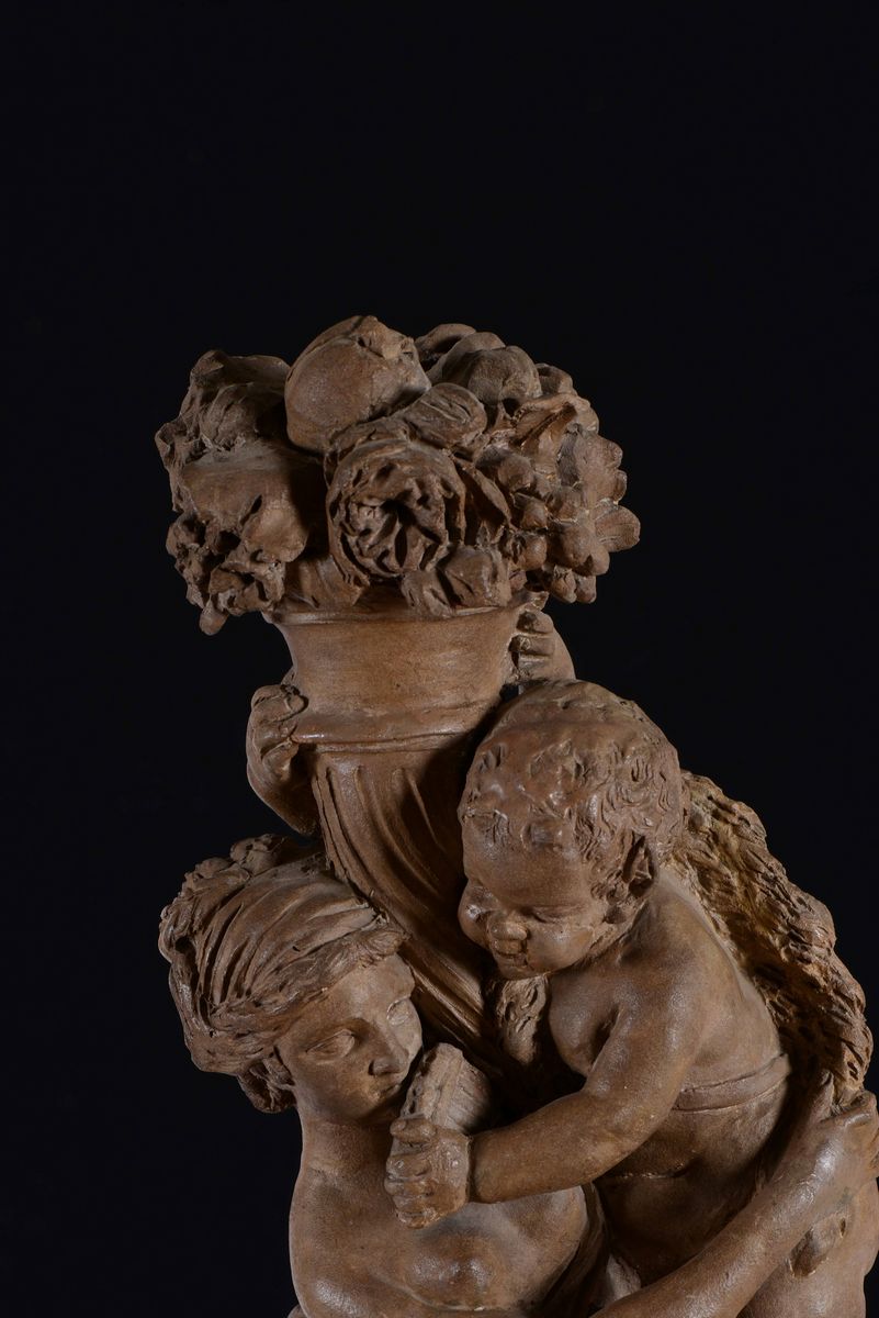 Gruppo Allegorico in Terracotta Raffigurante Baccante che Sorregge Giovane Satiro Nell'atto di Te...